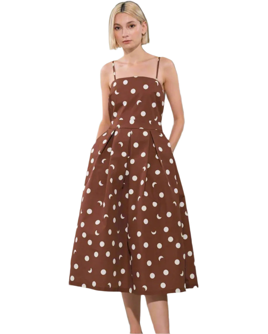Davia Brown and White Polka Dot and Crescent Printed Midi Dress