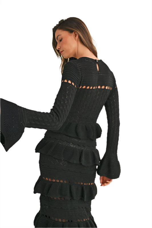 The Gatsby Ruffle Tiered Bell Sleeve Knit Bodycon Maxi Dress Back View