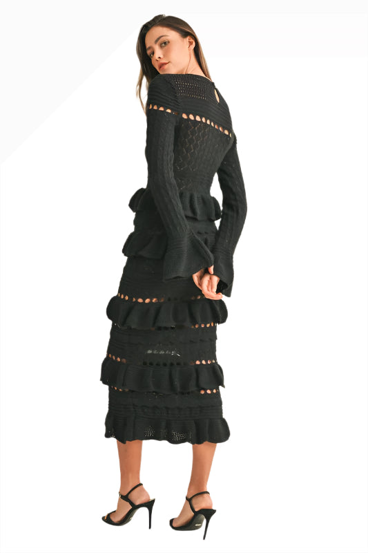 The Gatsby Ruffle Tiered Bell Sleeve Knit Bodycon Maxi Dress Back View 2