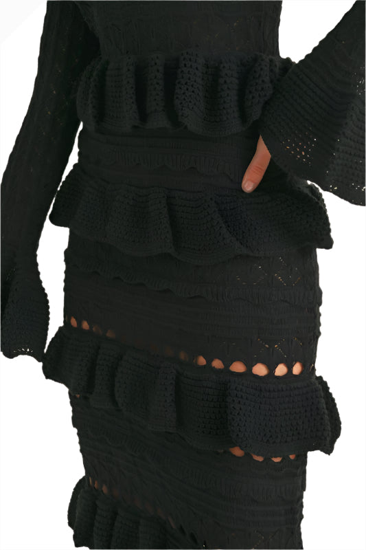 The Gatsby Ruffle Tiered Bell Sleeve Knit Bodycon Maxi Dress Bottom Detail