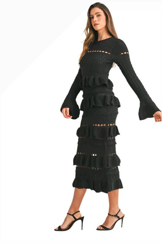 The Gatsby Ruffle Tiered Bell Sleeve Knit Bodycon Maxi Dress Side View