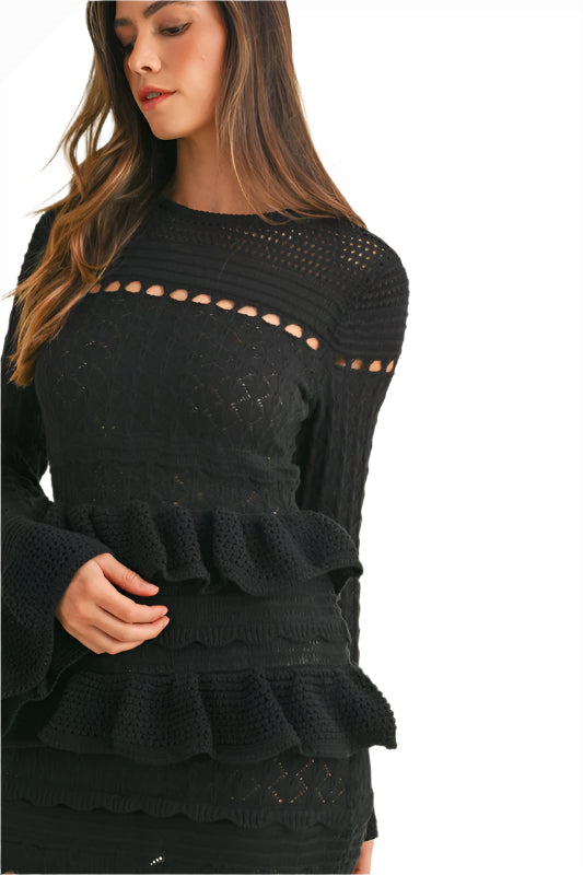 The Gatsby Ruffle Tiered Bell Sleeve Knit Bodycon Maxi Dress Top View