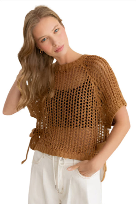 The Haven Brown Open-Knit Short Sleeve Top