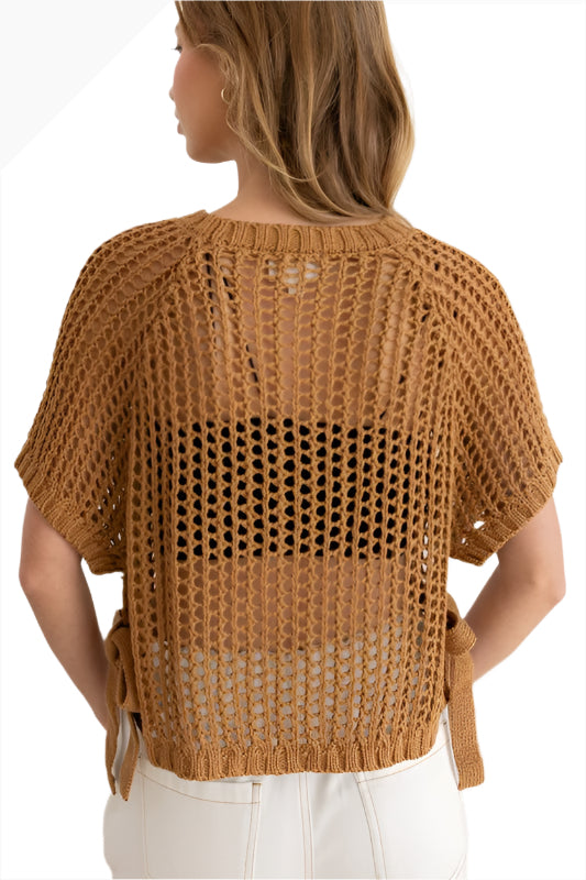 The Haven Brown Open-Knit Short Sleeve Top Back View