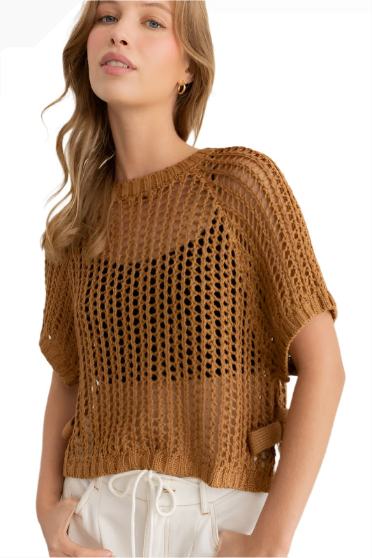 The Haven Brown Open-Knit Short Sleeve Top Front View