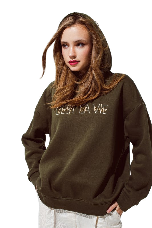 C’est La Vie Deep Olive Embroidered Hoodie – Oversized Soft Cotton Sweatshirt