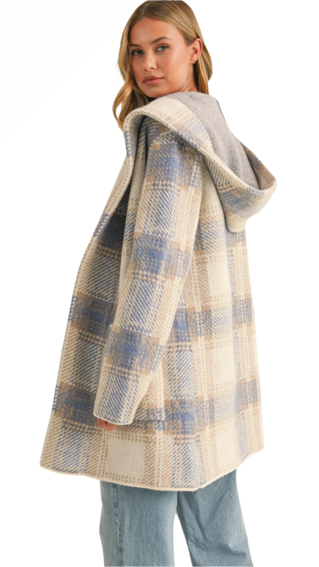 Cozy oversized plaid shacket with hood and pockets – back detail.