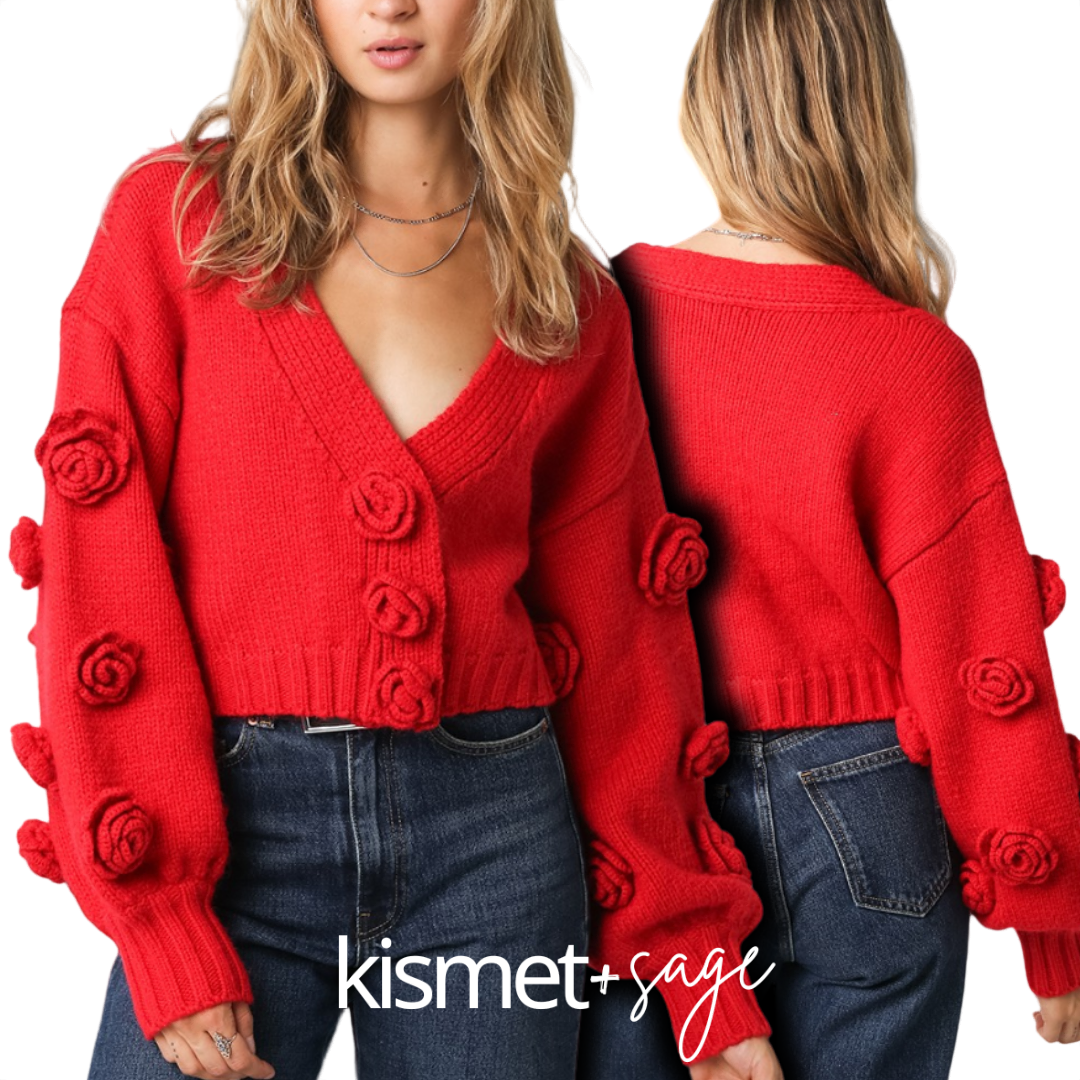 Red Cropped Cardigan with Rosette Detail | kismet + sage Red Cropped Cardigan with Rosette Detail | kismet + sage