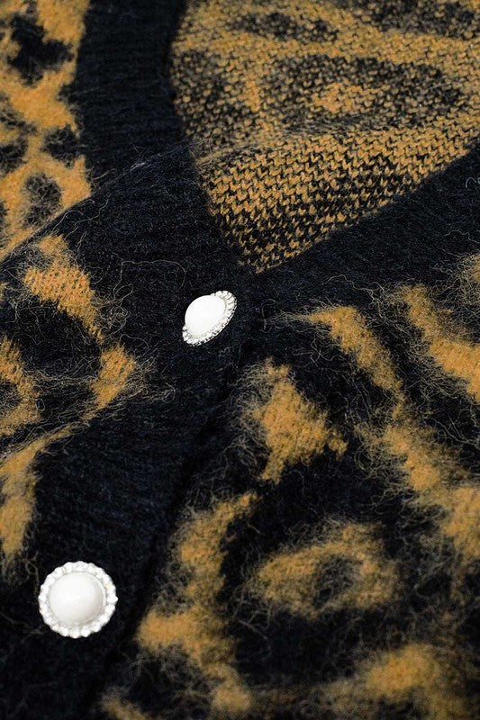 Close up button detail of the Vivienne Leopard Knit Cardigan showing soft fluffy knit texture, leopard pattern, and pearl button front.