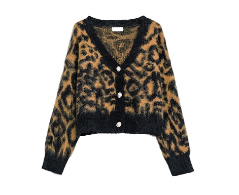 Flat lay of the Vivienne Leopard Knit Cardigan — cropped leopard print sweater with pearl buttons displayed on white background.