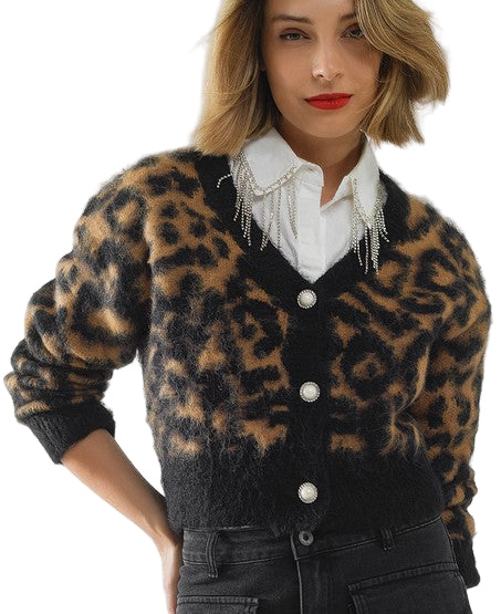 Vivienne Leopard Knit Cardigan – Fluffy Cropped Sweater with Pearl Buttons