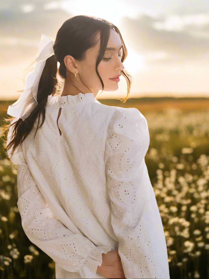 white long sleeve eyelet dress Merlette Paradis Eyelet Dress White / Dress / X-Small