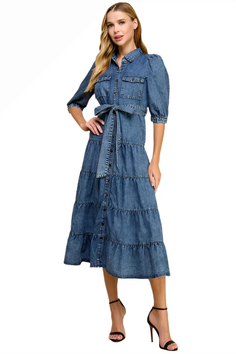 The Tinsley Dress - Denim Tiered Shirt Dress