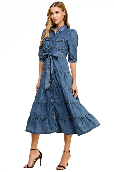 The Tinsley Dress - Denim Tiered Shirt Dress