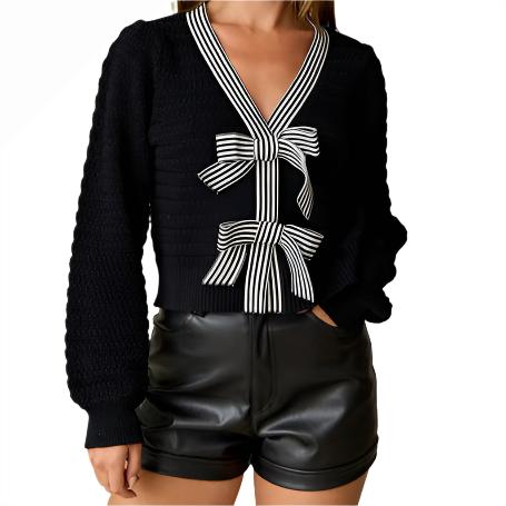 Harper Bow Cropped Sweater – Black Knit with Striped Ribbon