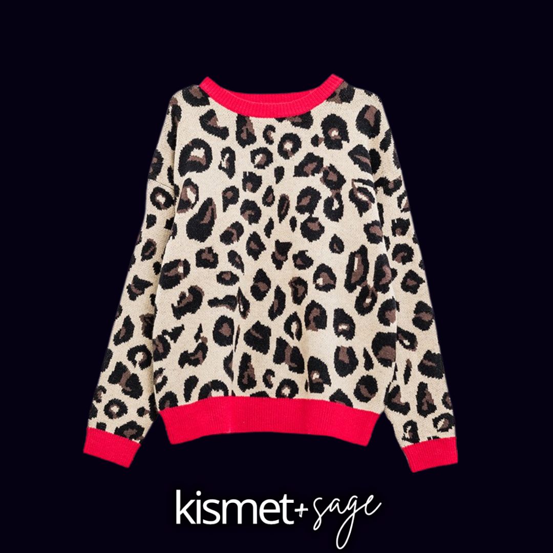 Lenora Pull on Leopard Print Sweater with Red Detail