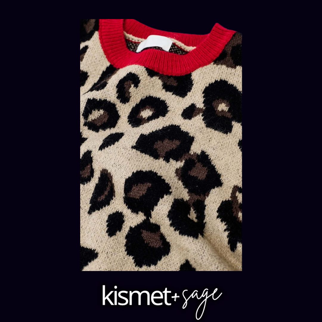 Lenora Pull on Leopard Print Sweater with Red Detail