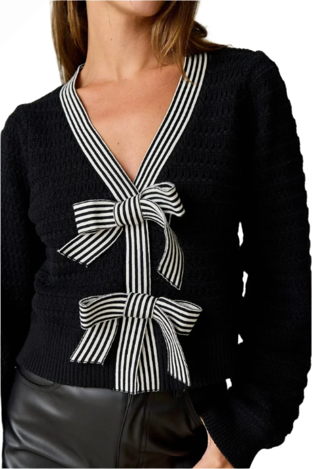 Harper - Black and White Striped Bow Cropped Sweater