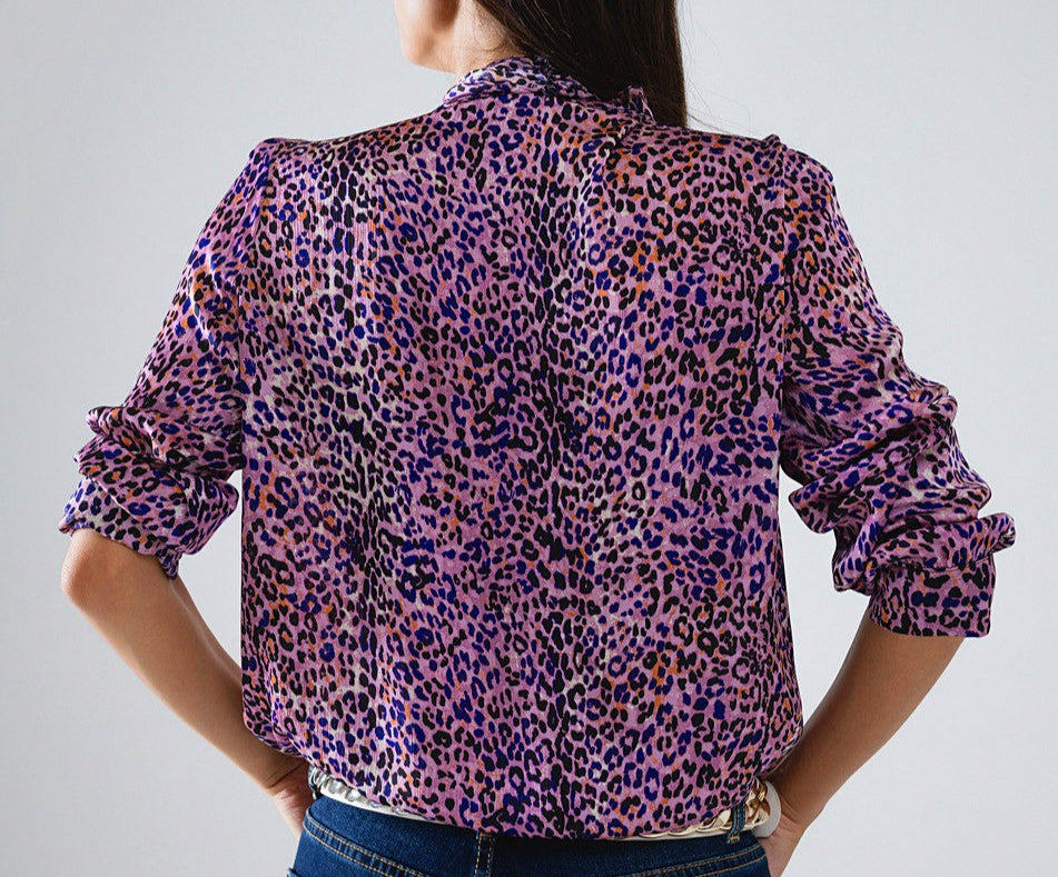 The Perry Purple Animal Print Tie Front Spring Blouse
