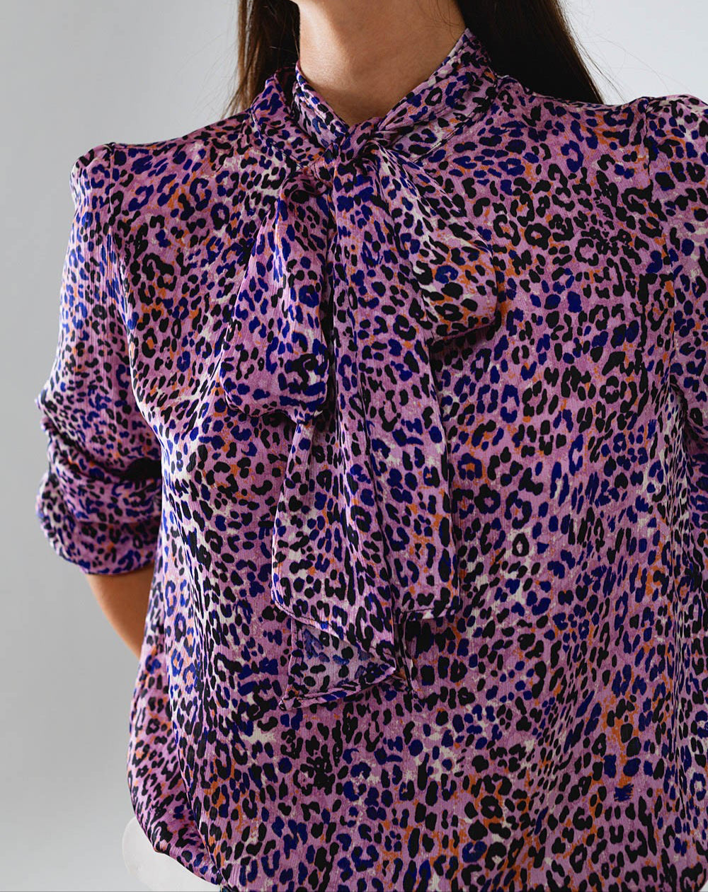 Q2 Tie At The Neck Animal Print Purple Blouse