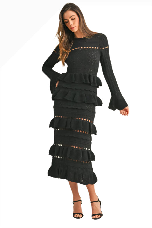 The Nocturne Ruffle Knit Maxi Dress – Black Crochet Bodycon with Bell Sleeves