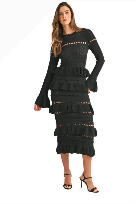 The Nocturne Ruffle Knit Maxi Dress – Black Crochet Bodycon with Bell Sleeves