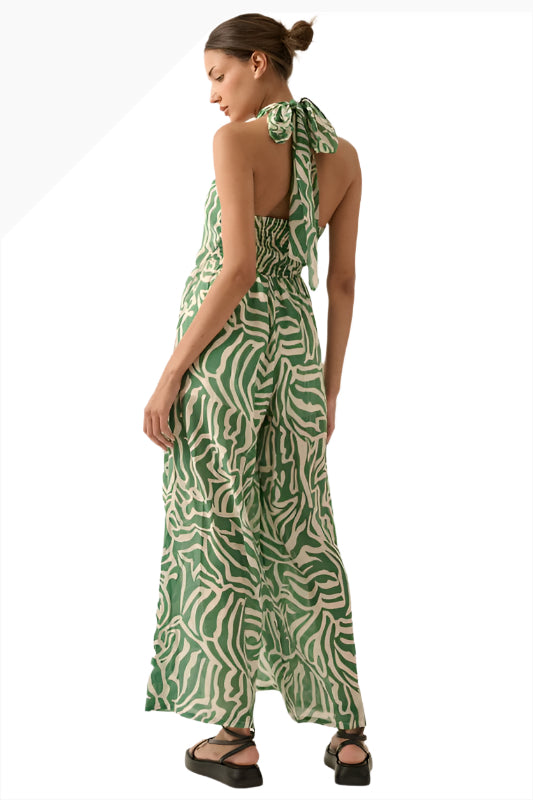 The Isla Abstract-Print Green Woven Romper Backl View