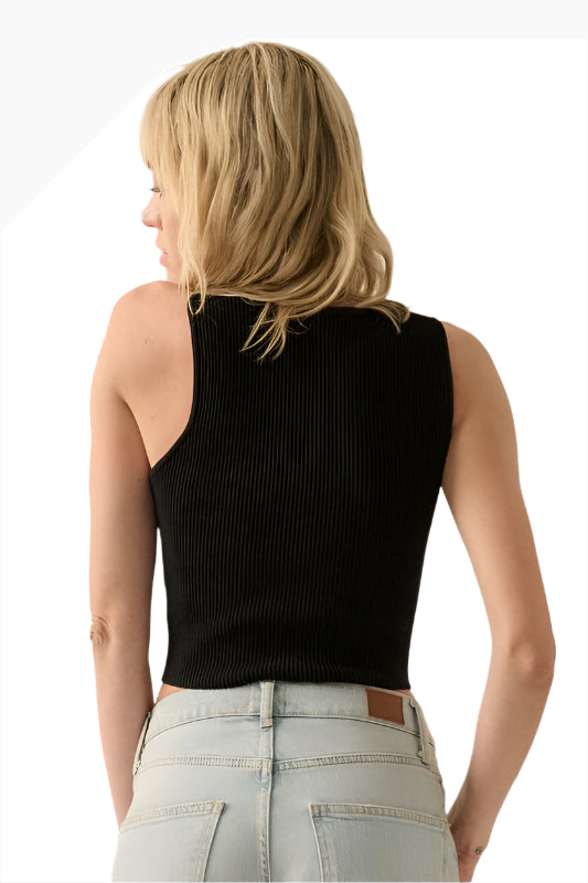  The Vesper Black Asymmetrical Rib Knit Tank Top Back View