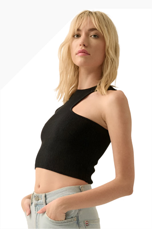  The Vesper Black Asymmetrical Rib Knit Tank Top Side  View 