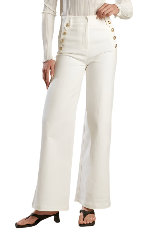 Veronique White High-Waisted Sailor Flare Pants – Stretch Cotton Slim Fit Front View