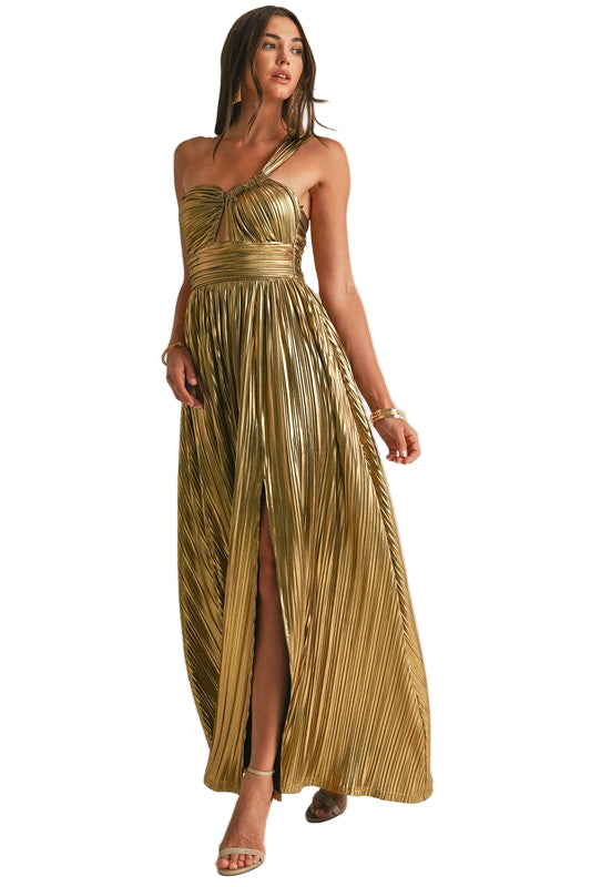 Front view of woman wearing a gold one-shoulder dress with a slit on a white background