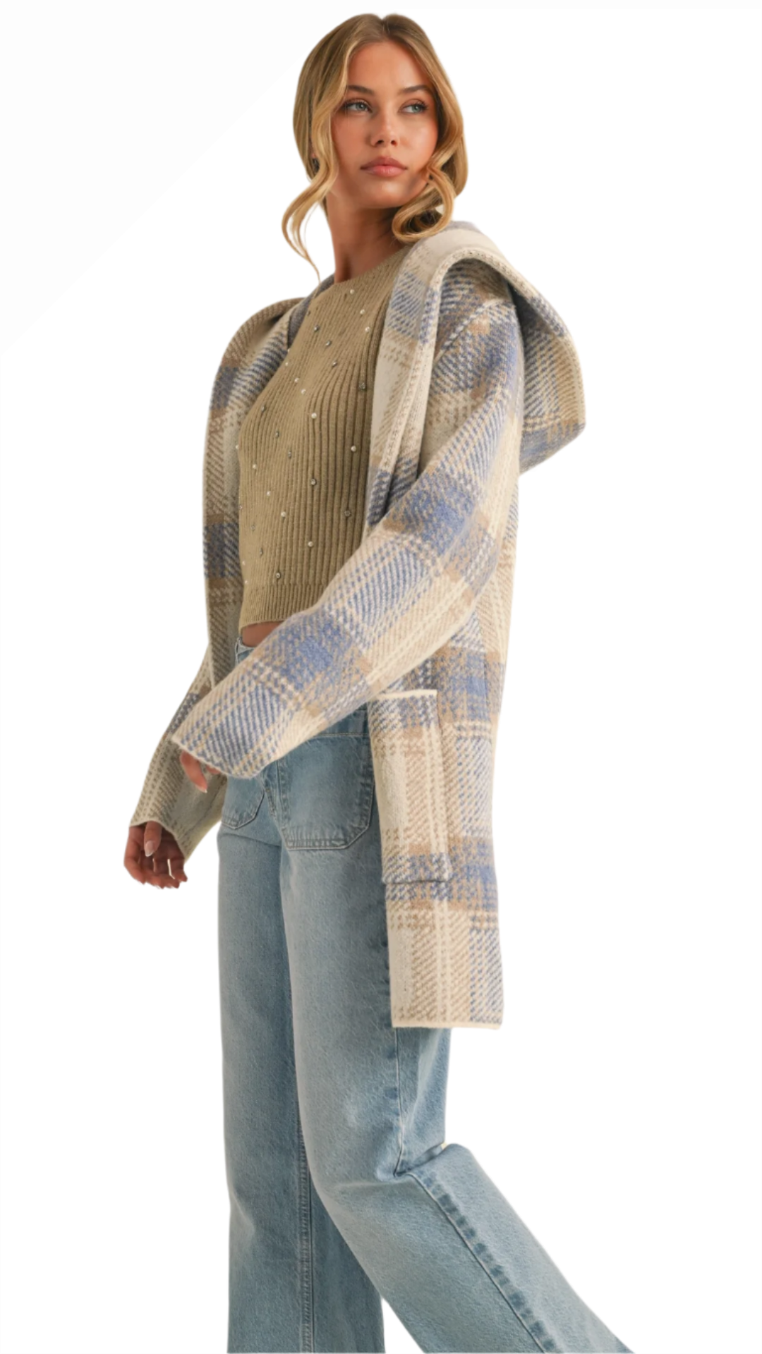 Rhys Plaid Hooded Shacket | Oversized Blue and Cream Cardigan Jacket