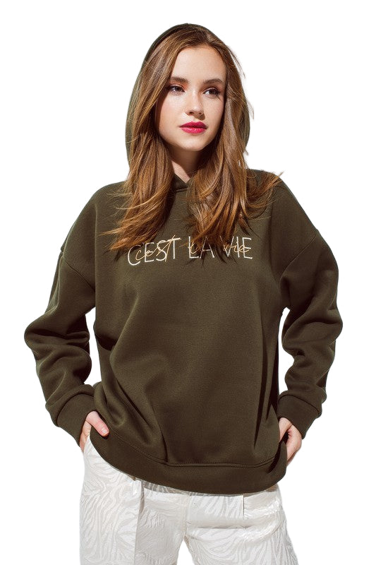 C’est La Vie Deep Olive Embroidered Hoodie – Oversized Soft Cotton Sweatshirt