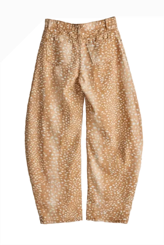Back view flat lay of women's Fawn Print Wide-Leg Barrel Jeans featuring a relaxed barrel-leg silhouette, natural-rise waist, and neutral camel and cream fawn-inspired print.