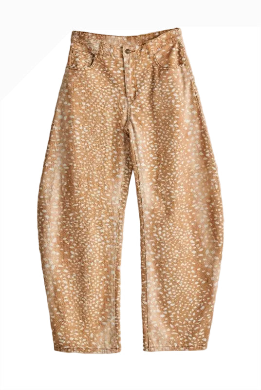 Front view flat lay of women's Fawn Print Wide-Leg Barrel Jeans featuring a relaxed barrel-leg silhouette, natural-rise waist, and neutral camel and cream fawn-inspired print.