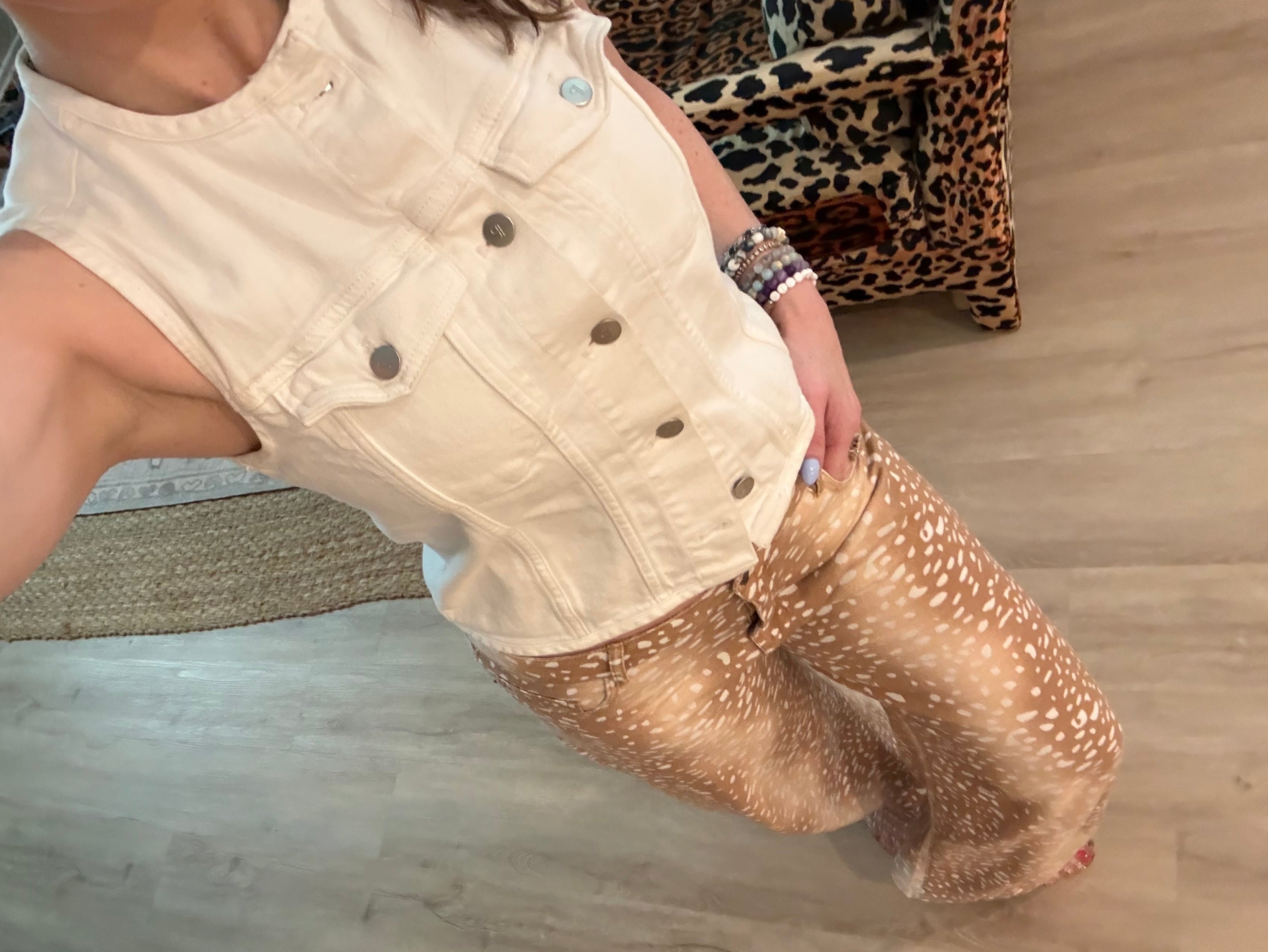Fawn Print Wide-Leg Barrel Jeans featuring a relaxed barrel-leg silhouette, natural-rise waist, and neutral camel and cream fawn-inspired print on owner of kismet and sage.