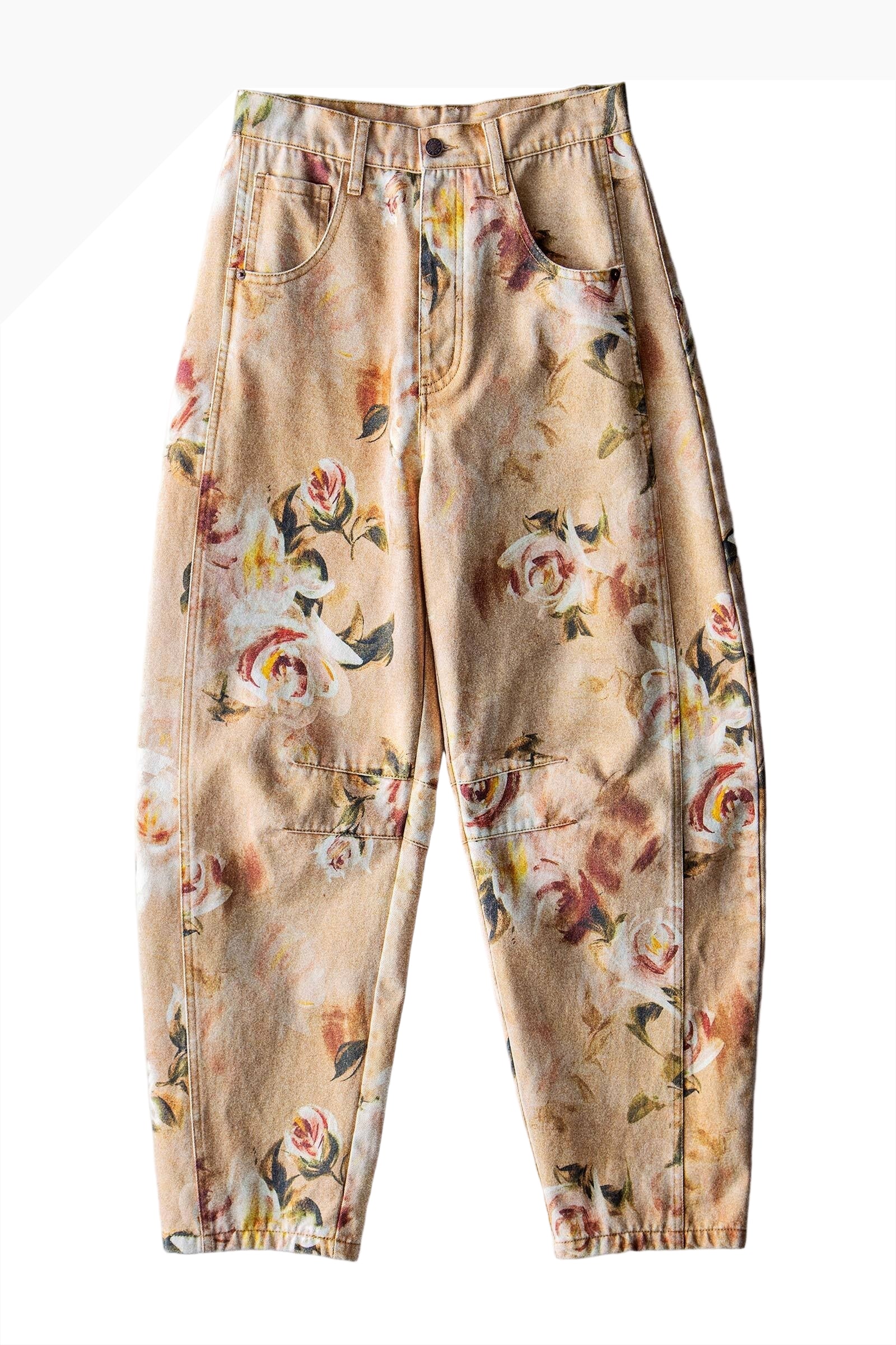 Vintage Floral Barrel Jeans in tan denim with rose print