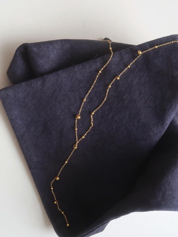 18K Gold Beaded Drop Lariat Necklace (Non-Tarnish Stainless Steel)