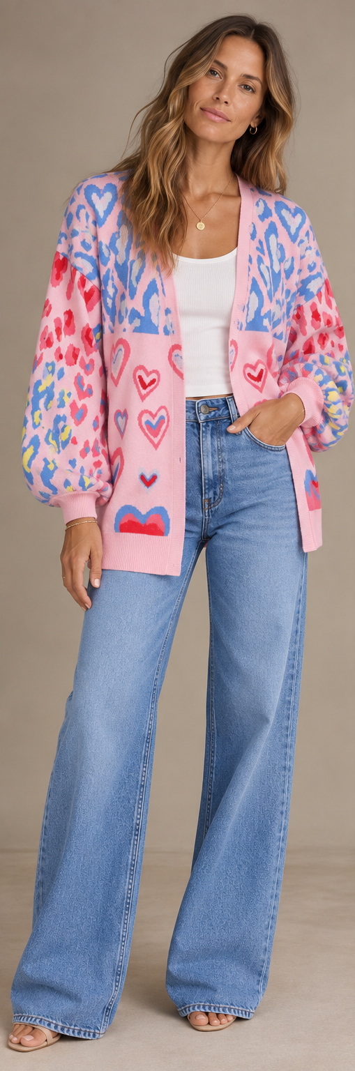 FINAL SALE //  Pink Ikat Dyed Hearts Cardigan with Leopard Print