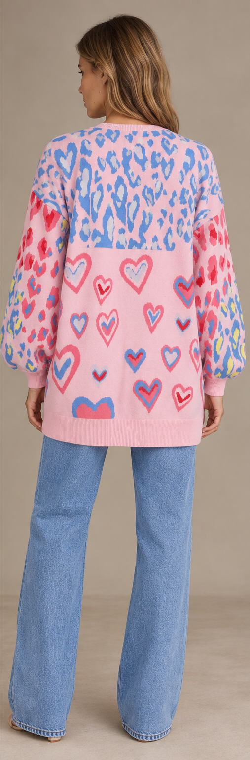 FINAL SALE //  Pink Ikat Dyed Hearts Cardigan with Leopard Print