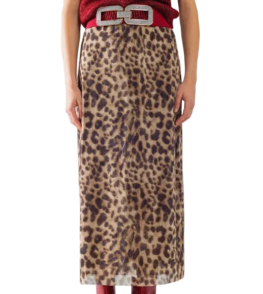 Front detail view of leopard midi skirt with  straight silhouette