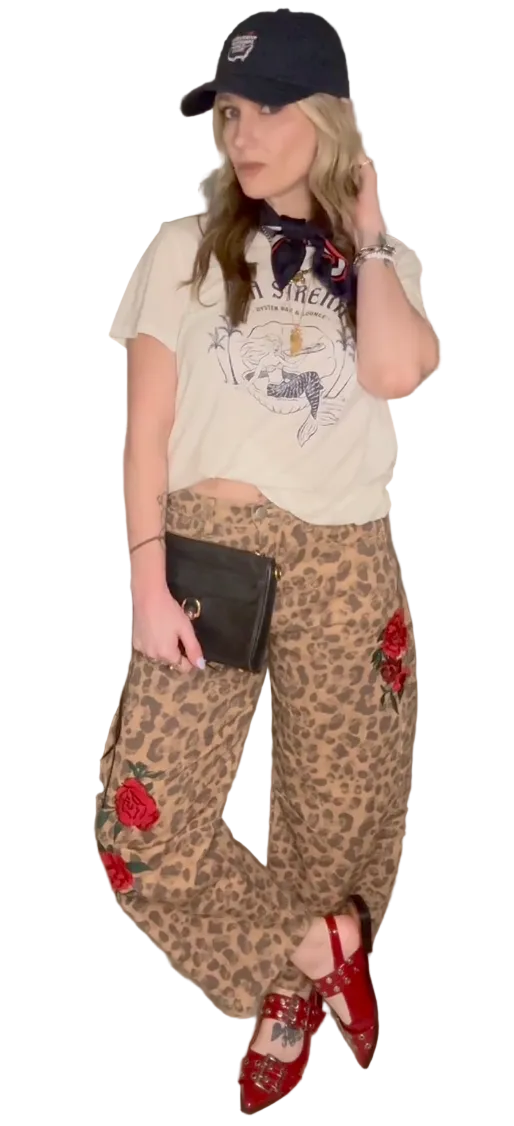 Leopard Rose Embroidered Barrel-Leg Pants