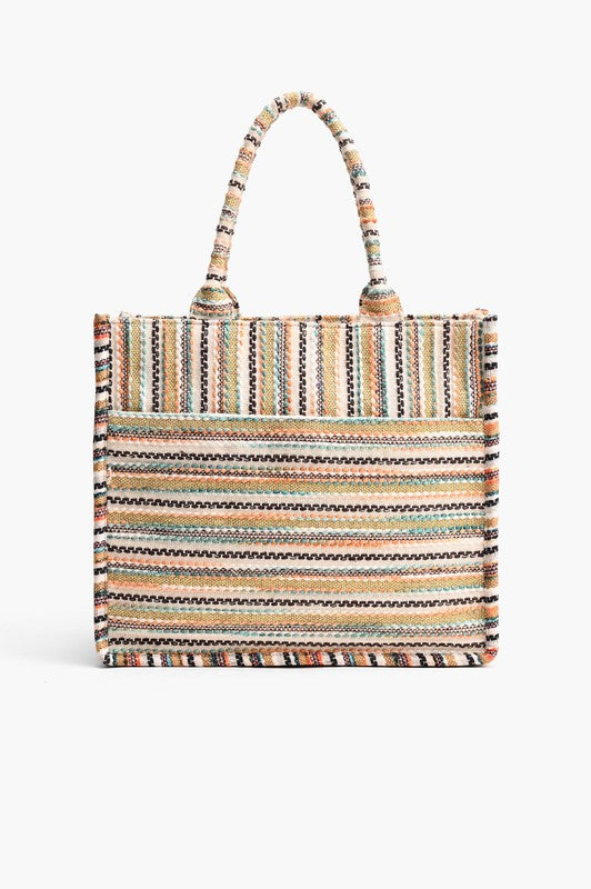 Back view of Luxe Leopard Beaded Jacquard Tote featuring multicolor woven jacquard fabric