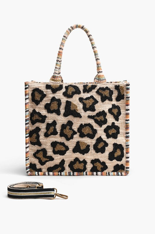 Luxe Leopard Beaded Jacquard Tote with hand-beaded leopard pattern and woven fabric