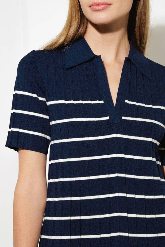 The Wellesley Court Dress | Women's Navy Striped Pleated Knit Tennis Dress