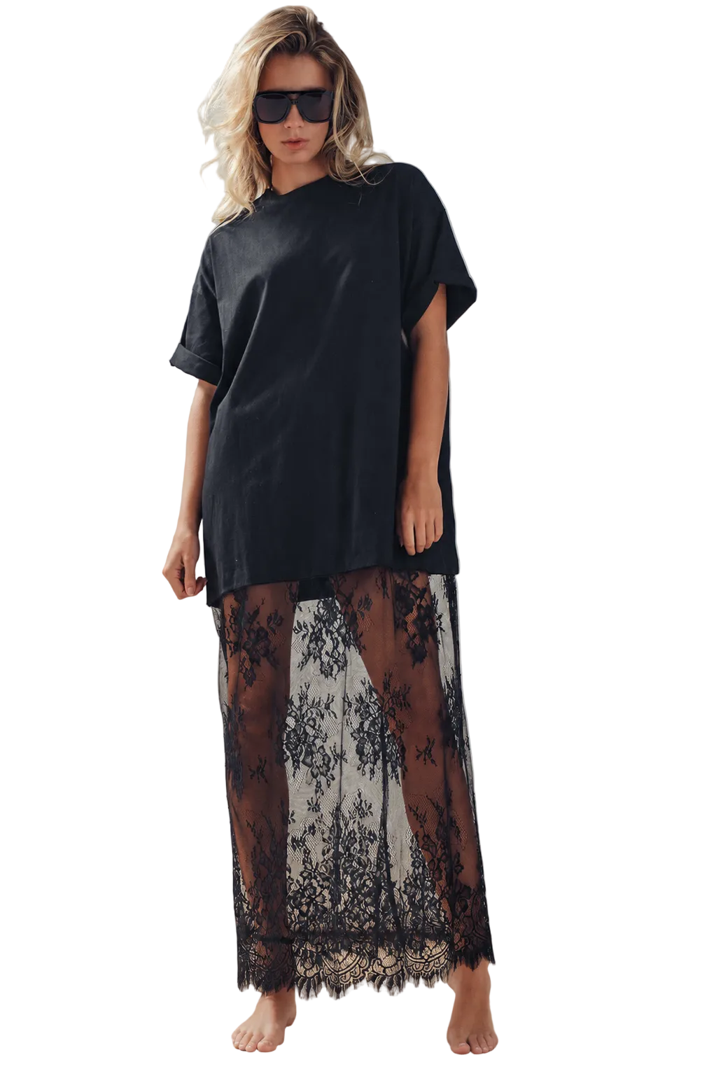 Woman wearing a black oversized t-shirt maxi dress with black lace 