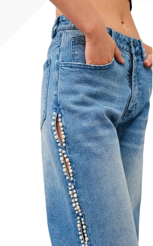 Pearl Embellished Cut-Out Straight Leg Jeans
