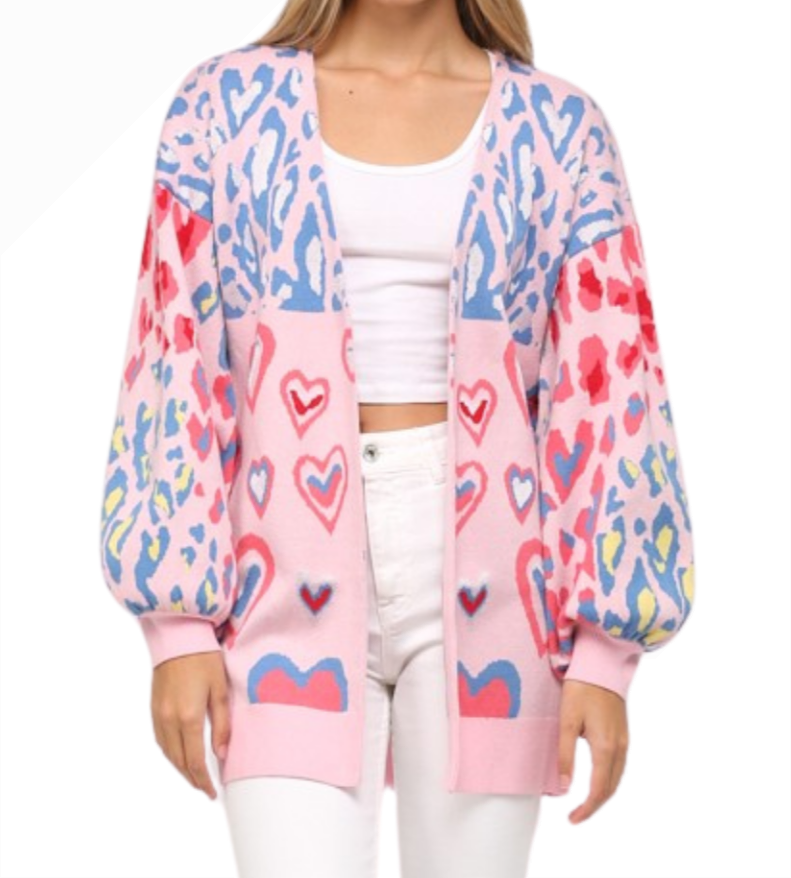 Pink Heart Print Leopard Cardigan - Limited Quantities!