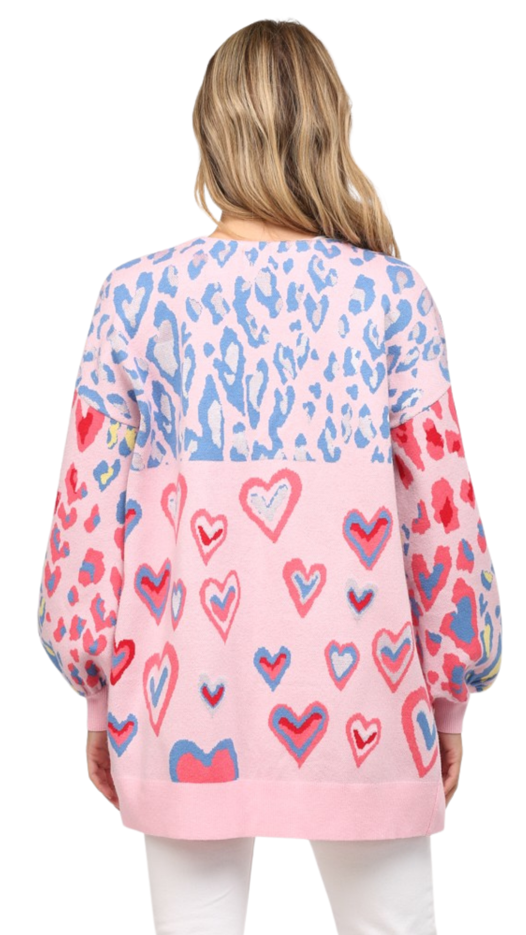 Full back view of pink heart and leopard print cardigan showing colorful pattern and soft knit texture.