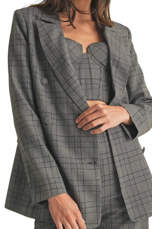Alternate view of plaid double-breasted blazer jacket with tailored fit